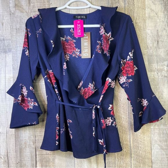 Timing Large Blue Wrap Top w/Tie & Ruffles on the Nexk & Sleeve - Picture 1 of 11